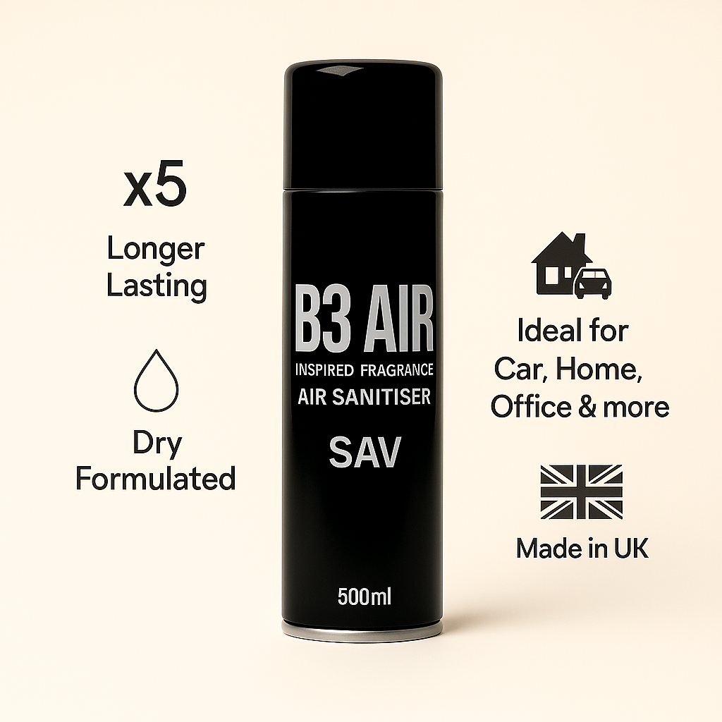 B3 AIR Savage 500ml spray showing key benefits