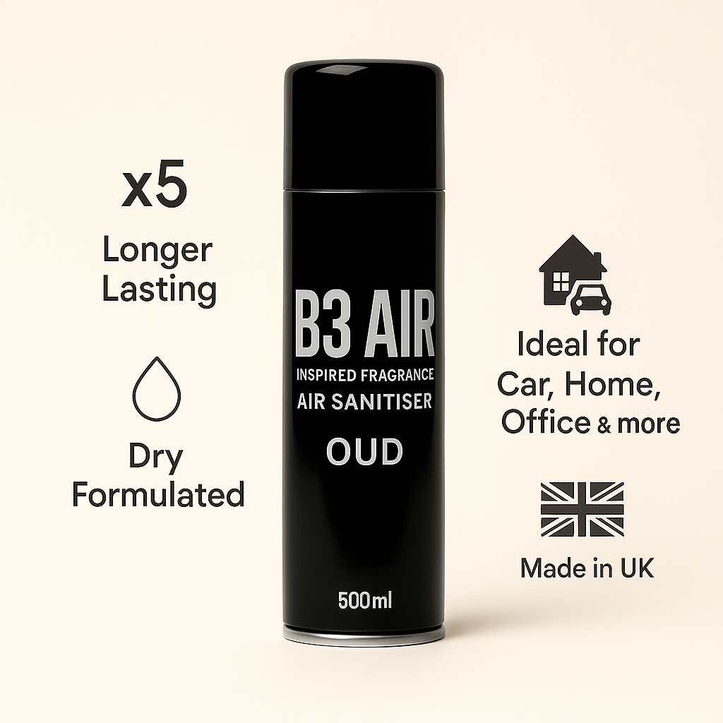 B3 AIR Oud 500ml spray showing key benefits