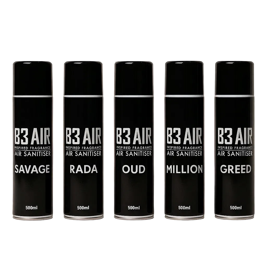 All five B3 AIR 500ml fragrance sprays: Savage, Rada, Oud, Million and Greed