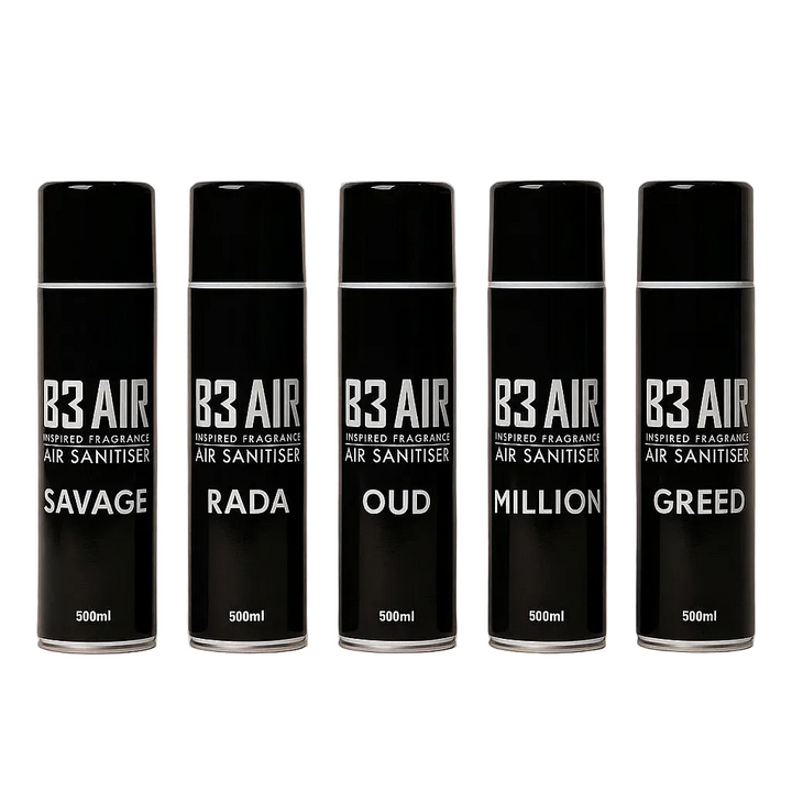 All five B3 AIR 500ml fragrance sprays: Savage, Rada, Oud, Million and Greed