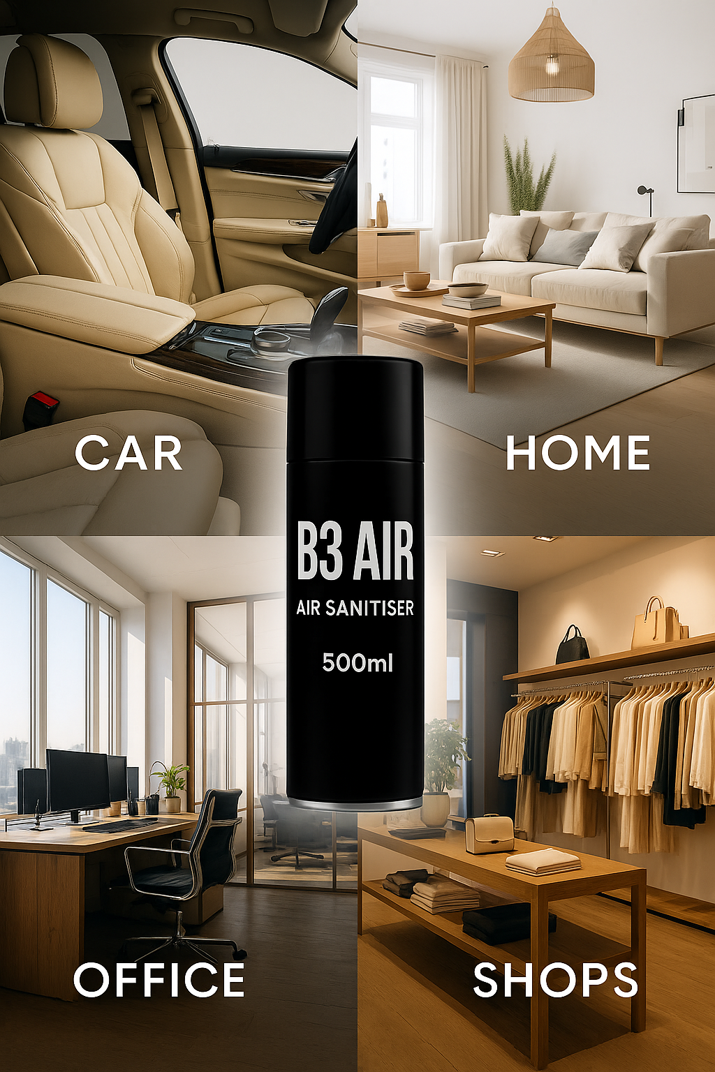 B3 AIR spray shown in a car, home, office and shop