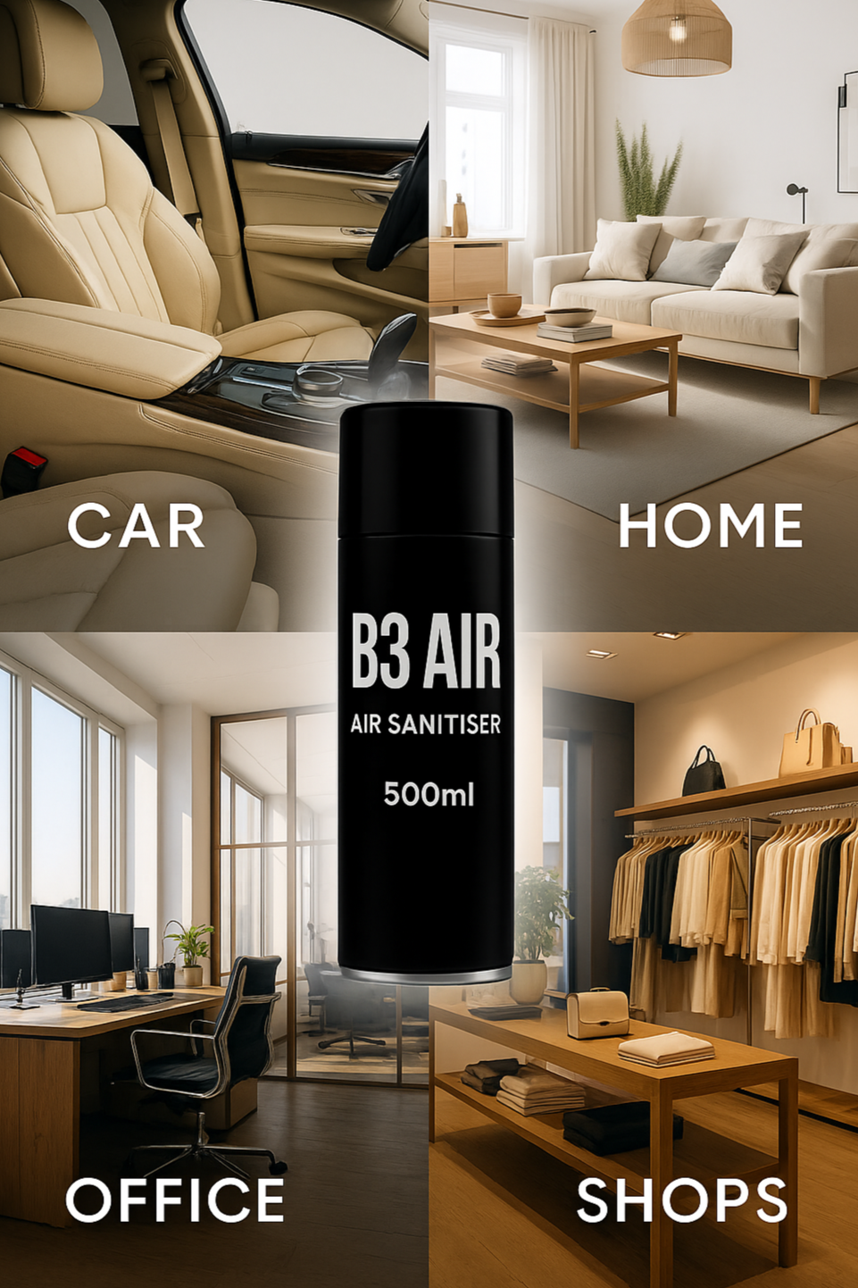 B3 Air Sanitiser bottle with usage scenarios in car, home, office, and shops.
